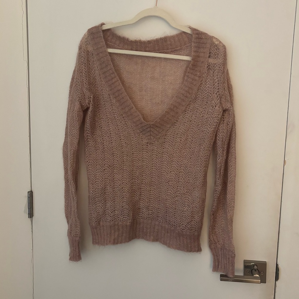Terre & Mer Mohair Wool Sweater 36 Super Kid Open Knit Pink V-neck Italy Ribbed